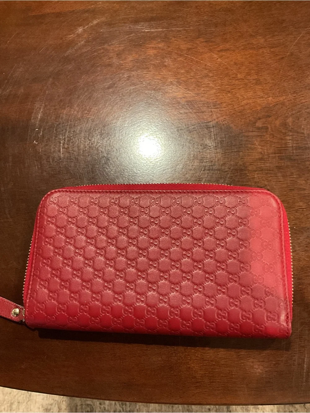 Gucci Red Embossed Leather Zip Card Holder